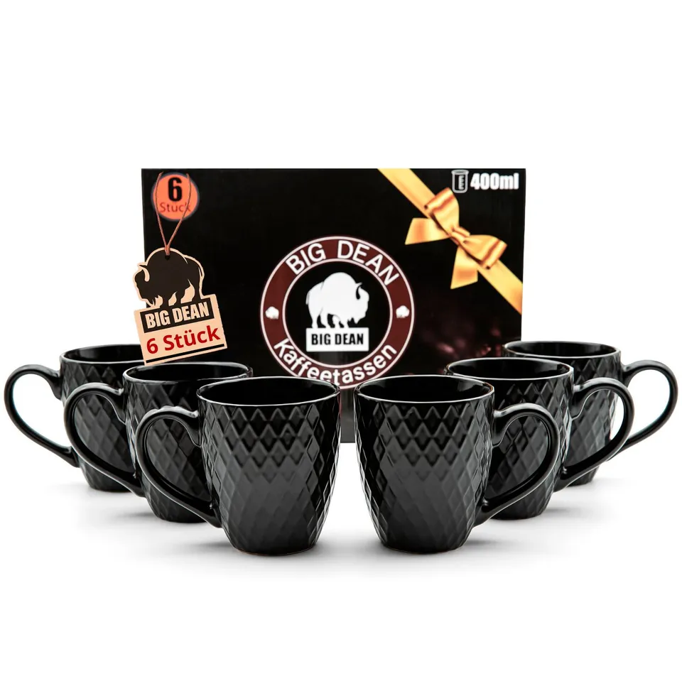 BigDean Küche Kaffeetassen 400ml schwarz matt 6er Keramik