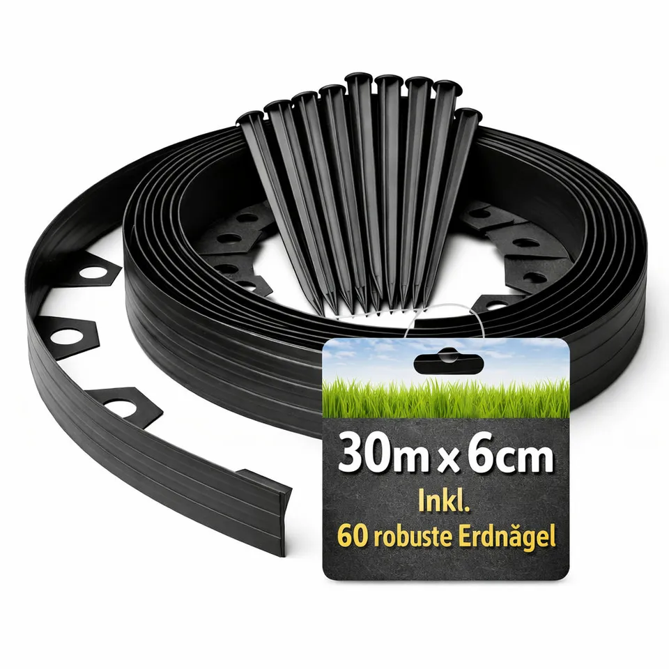 BigDean Rasenkante flexibel 30m x 6cm Komplettset schwarz