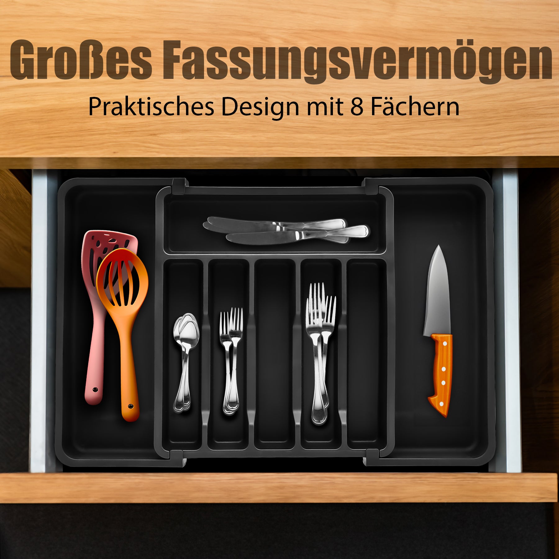 BigDean Küche Besteckeinsatz Schwarz Ausziehbar 33-57cm Kunststoff