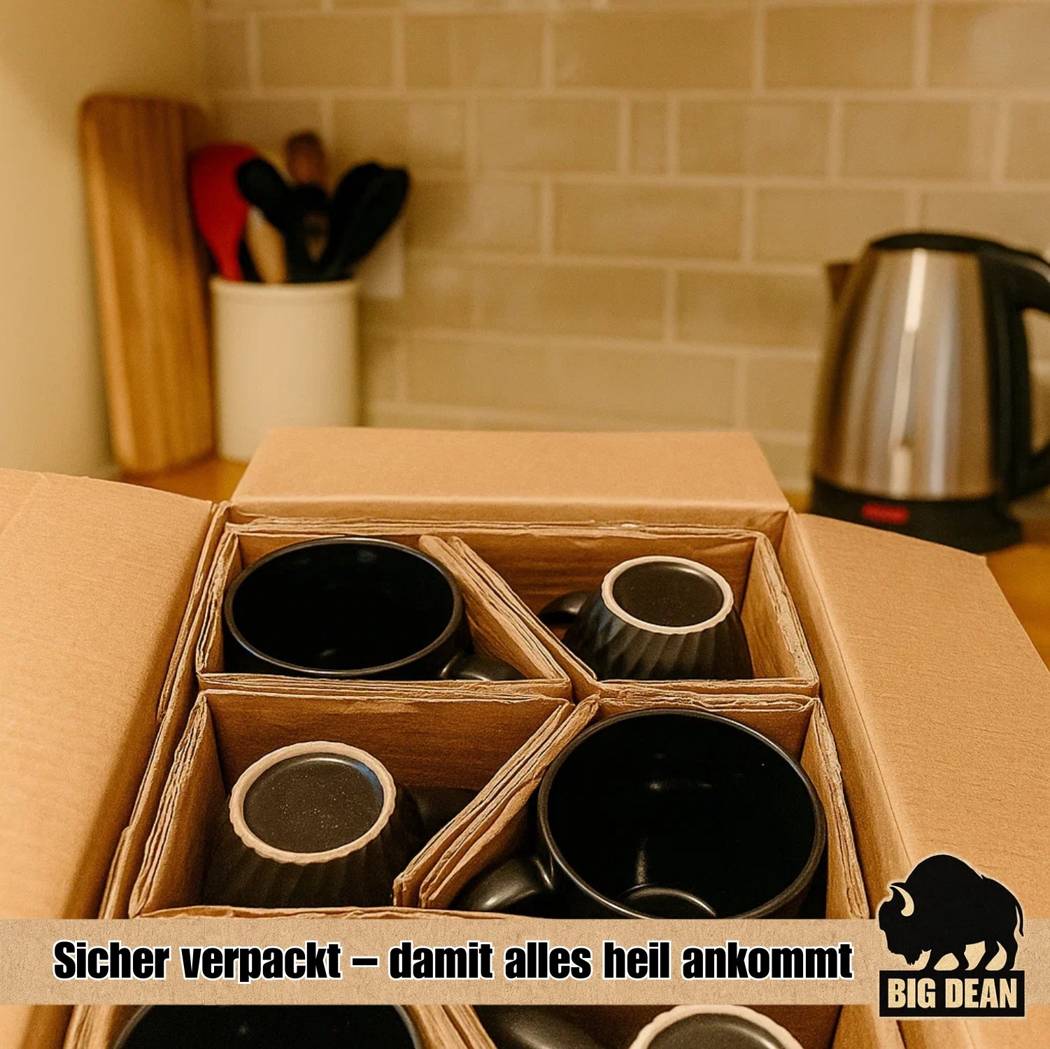 BigDean Küche Kaffeetassen 400ml schwarz matt 6er Keramik