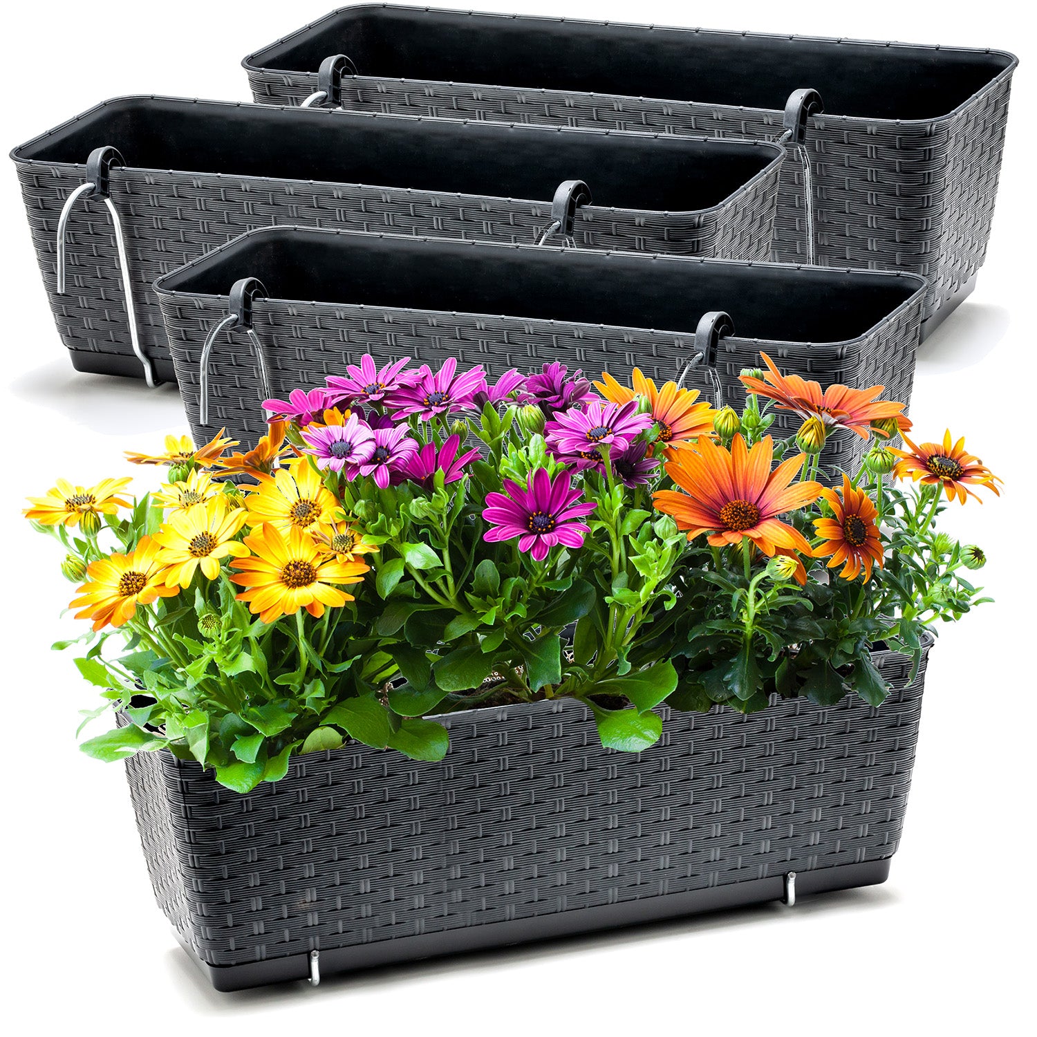 BigDean Garten 4er Blumenkästen Rattan 49 cm Anthrazit Bewässerung