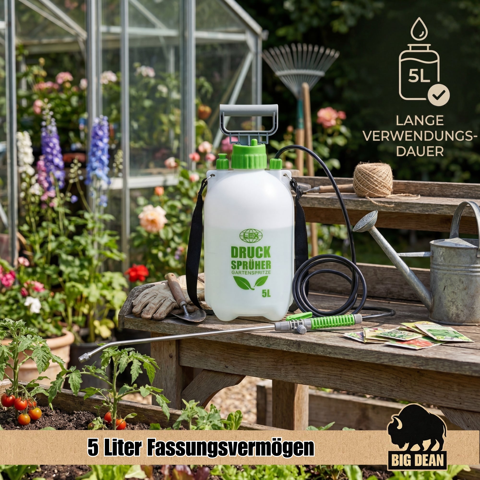 BigDean Garten Drucksprüher 5 Liter Edelstahl-Lanze 3 bar