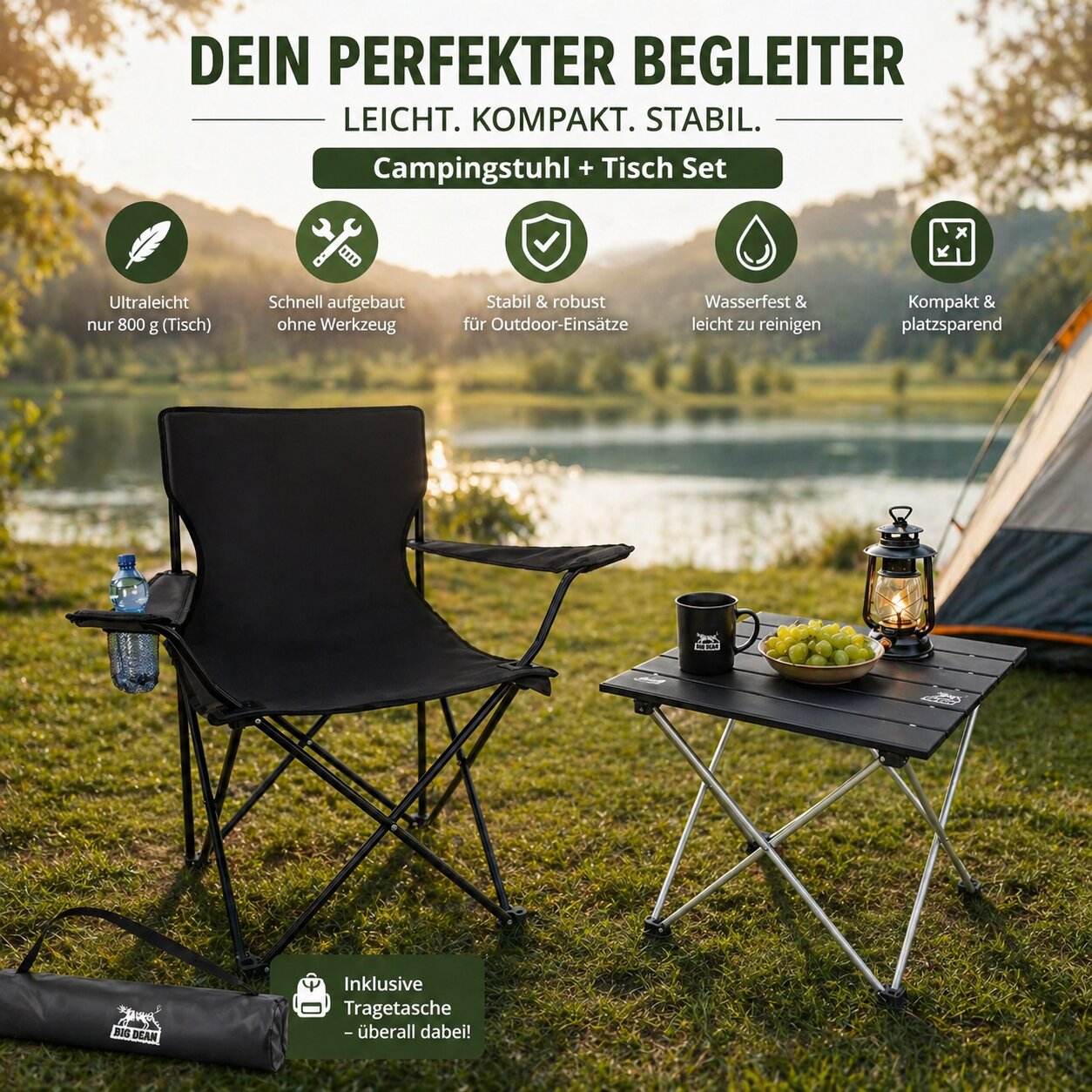 BigDean Campingstuhl mit Tisch Set klappbar schwarz