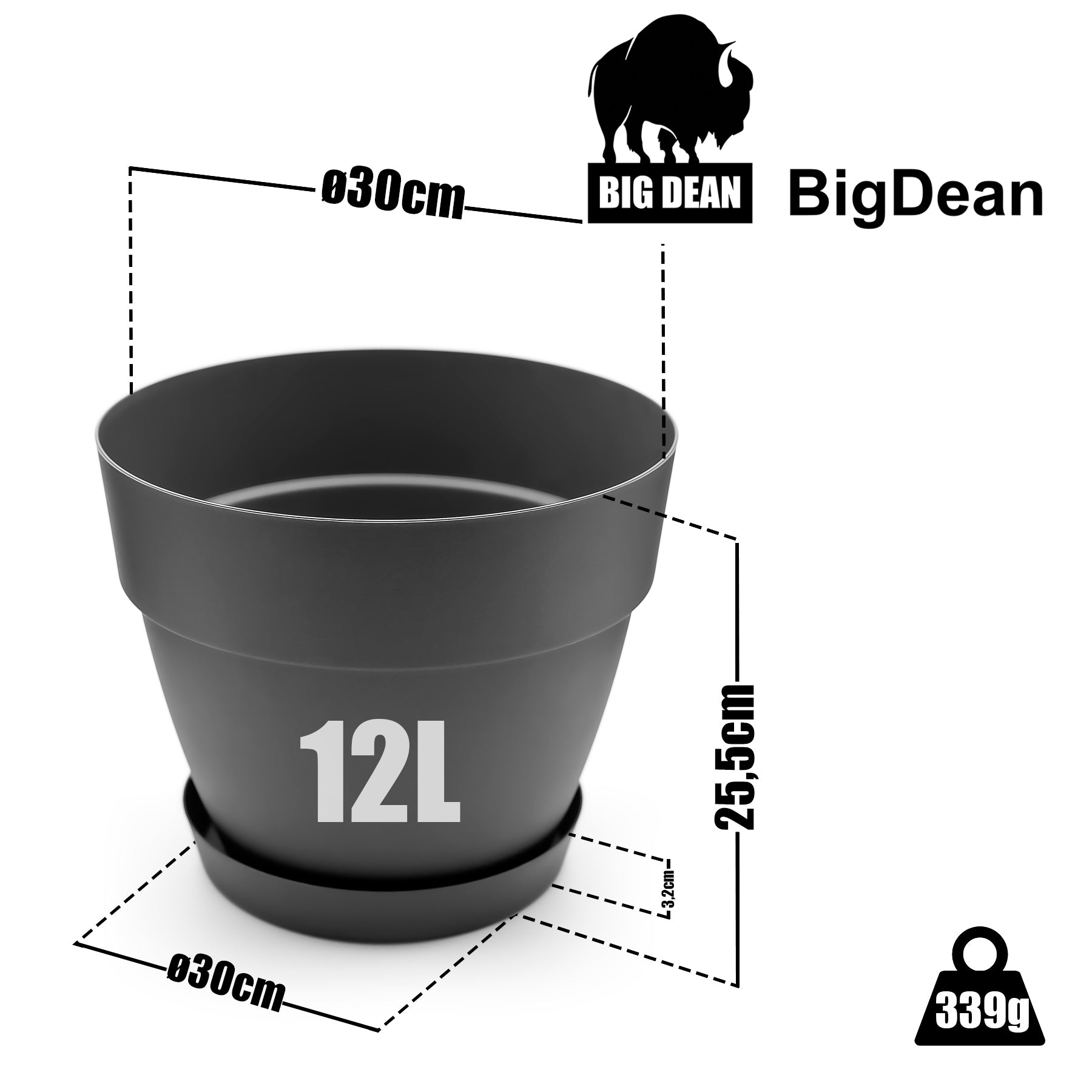 BigDean Blumentopf ø30 cm Anthrazit 3er Set mit Untersetzer