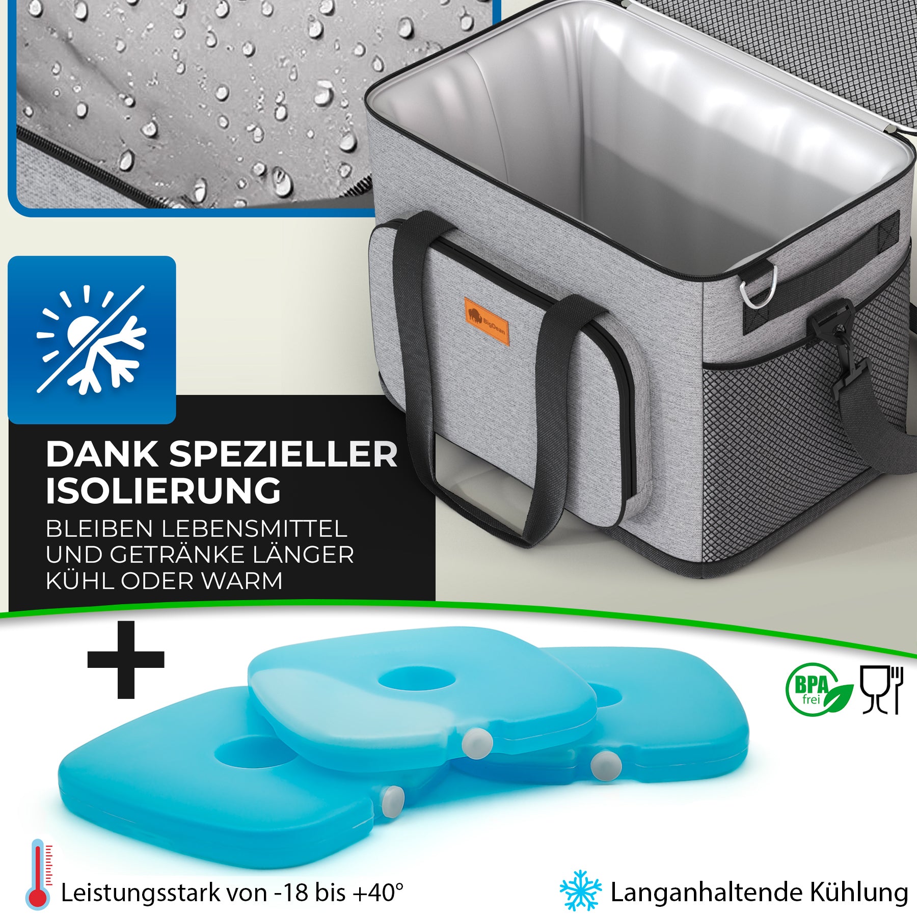 BigDean Kühltasche groß 30L mit 6 Kühlakkus Picknick