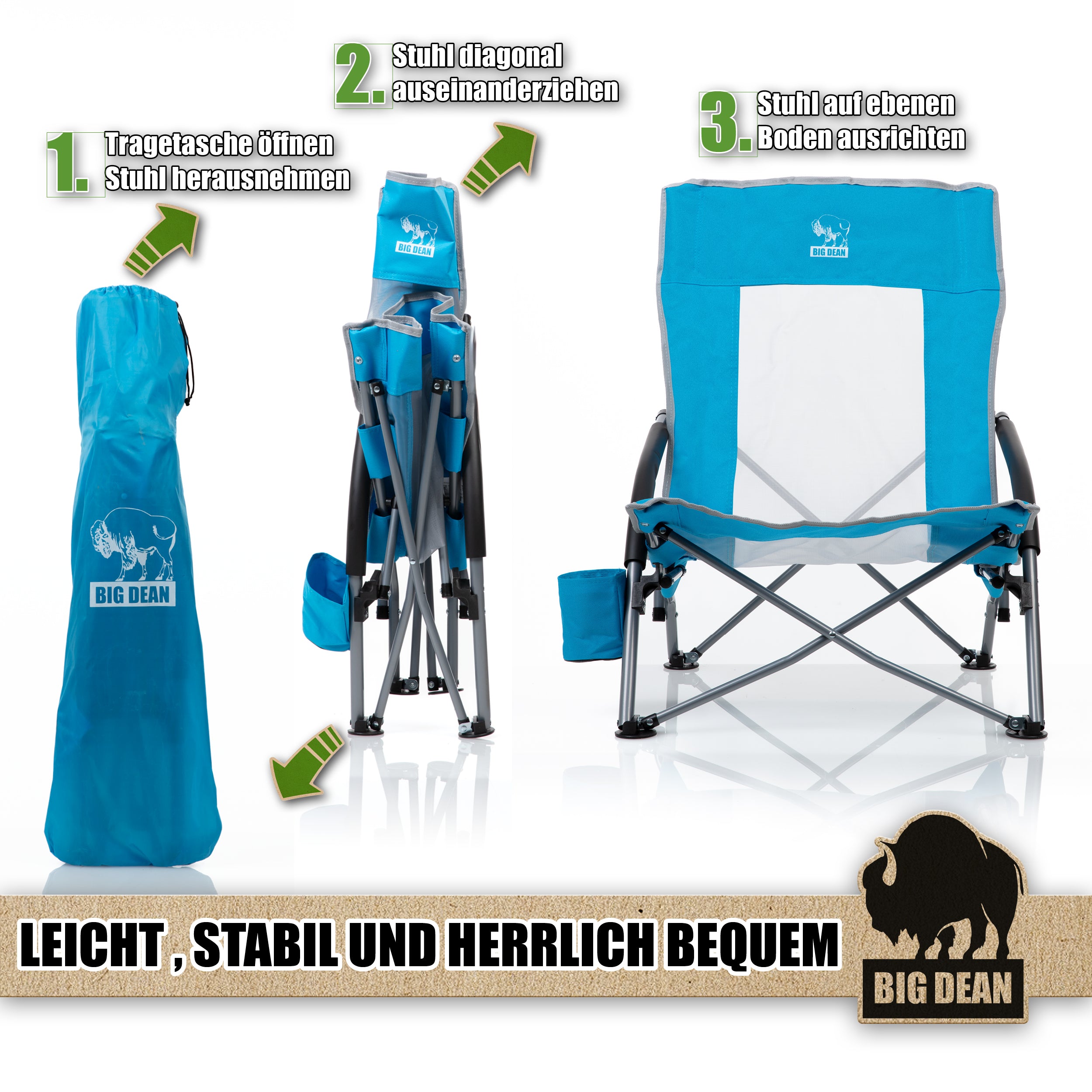 BigDean Strandstuhl klappbar Getränkehalter Tasche