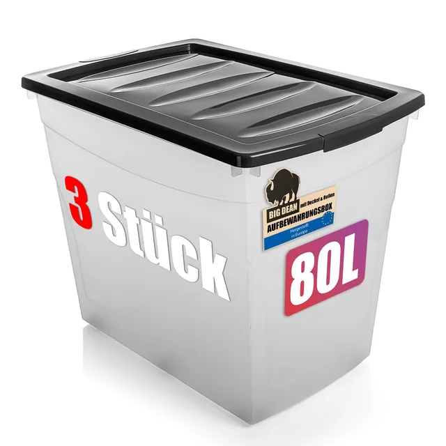 BigDean 3x Aufbewahrungsbox 80 L mit Deckel Rollen Transparent