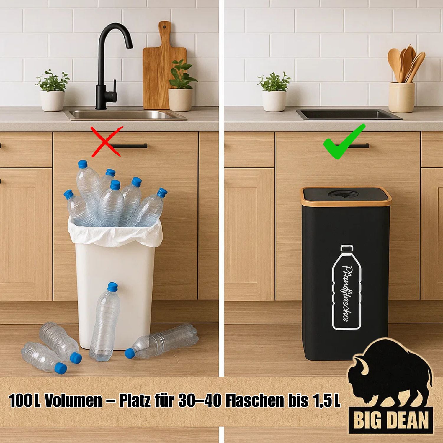 BigDean Pfandflaschen Behälter 100L mit Deckel und Tasche