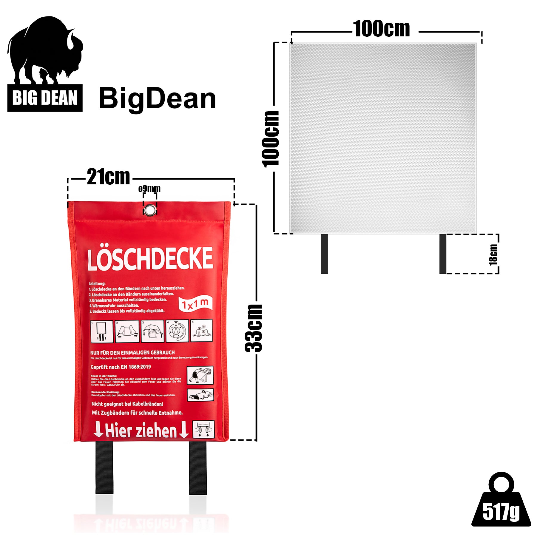 BigDean Löschdecke 100x100 cm Küche Fettbrand Feuerdecke