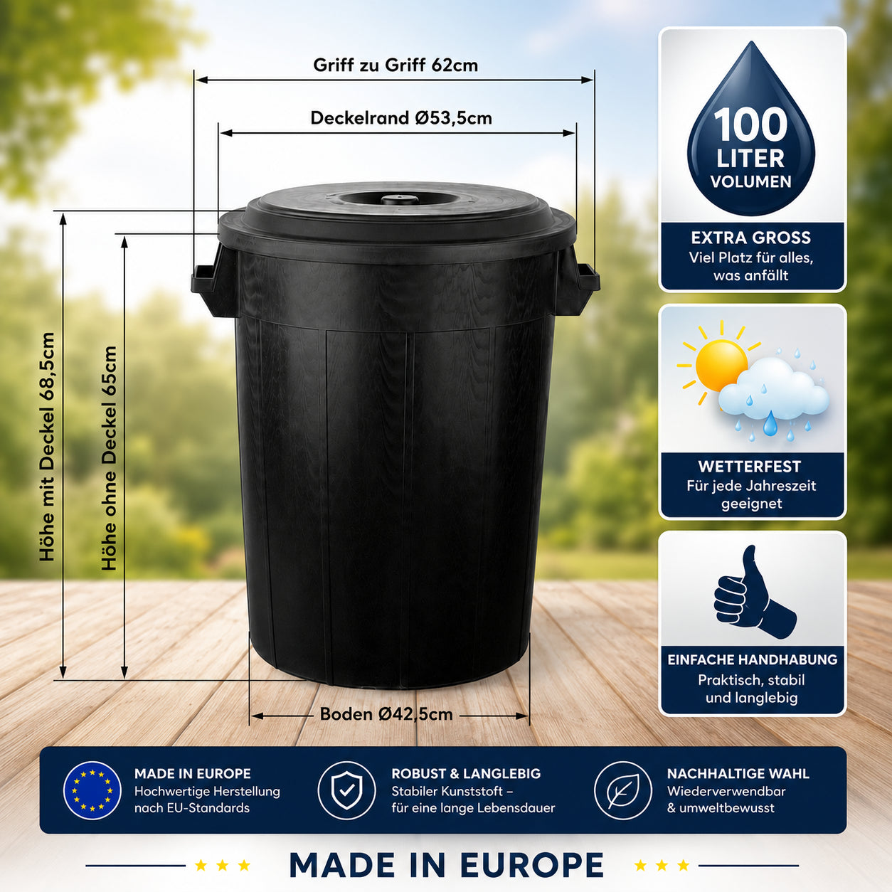 BigDean Universaltonne 100 Liter Tonne Schwarz mit Deckel