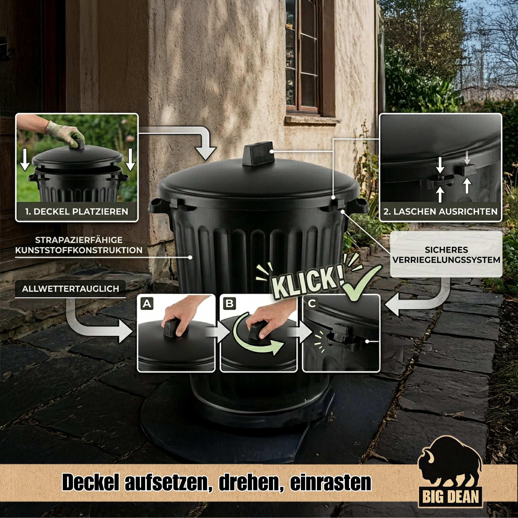 BigDean Haushalt & Alltag Mülltonne 80 Liter mit Deckel