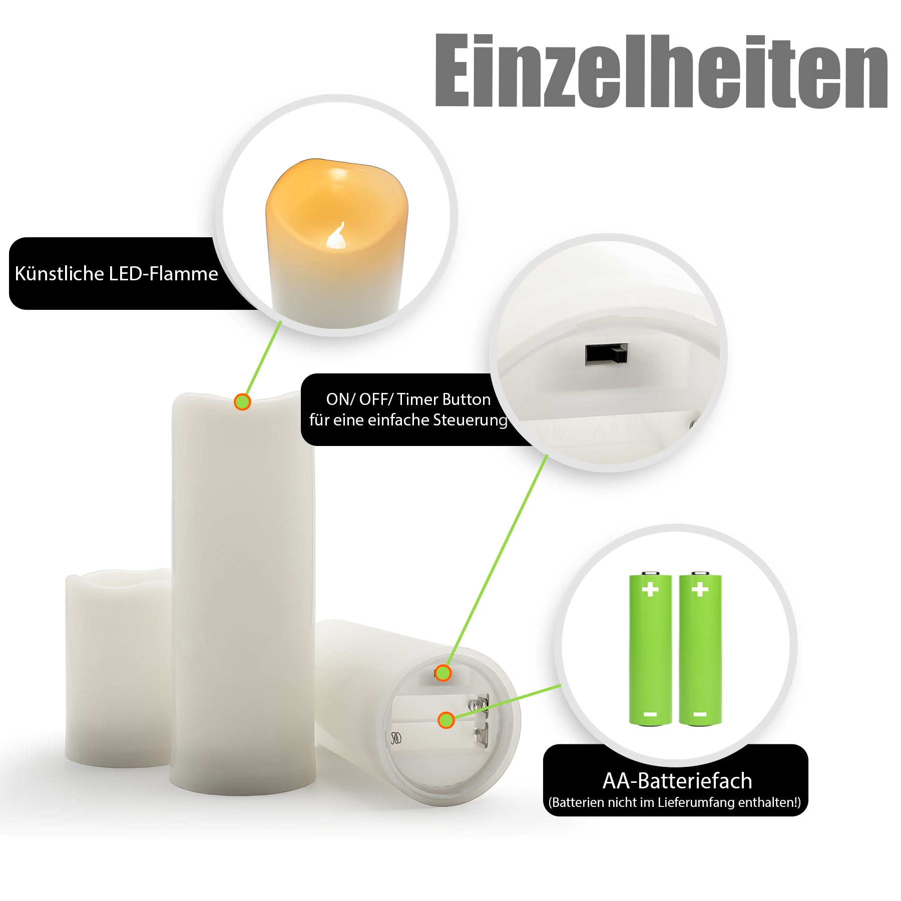 BigDean LED Kerzen Timer 3er Set Echtwachs-Optik Outdoor
