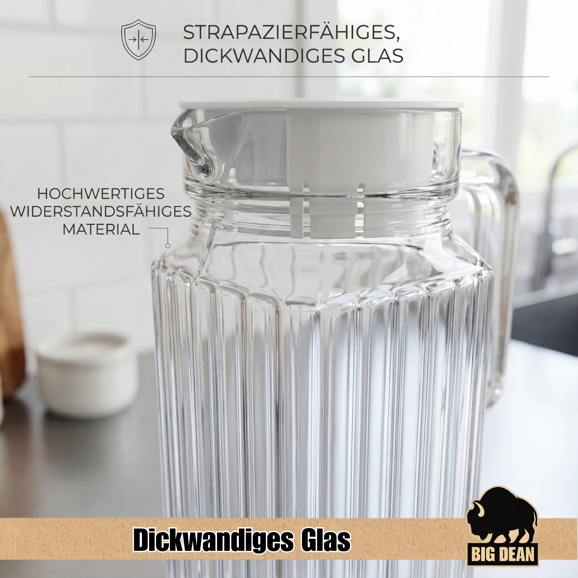 Kühlschrankkrug 1,1 Liter Glas Wasserkrug mit Deckel BigDean