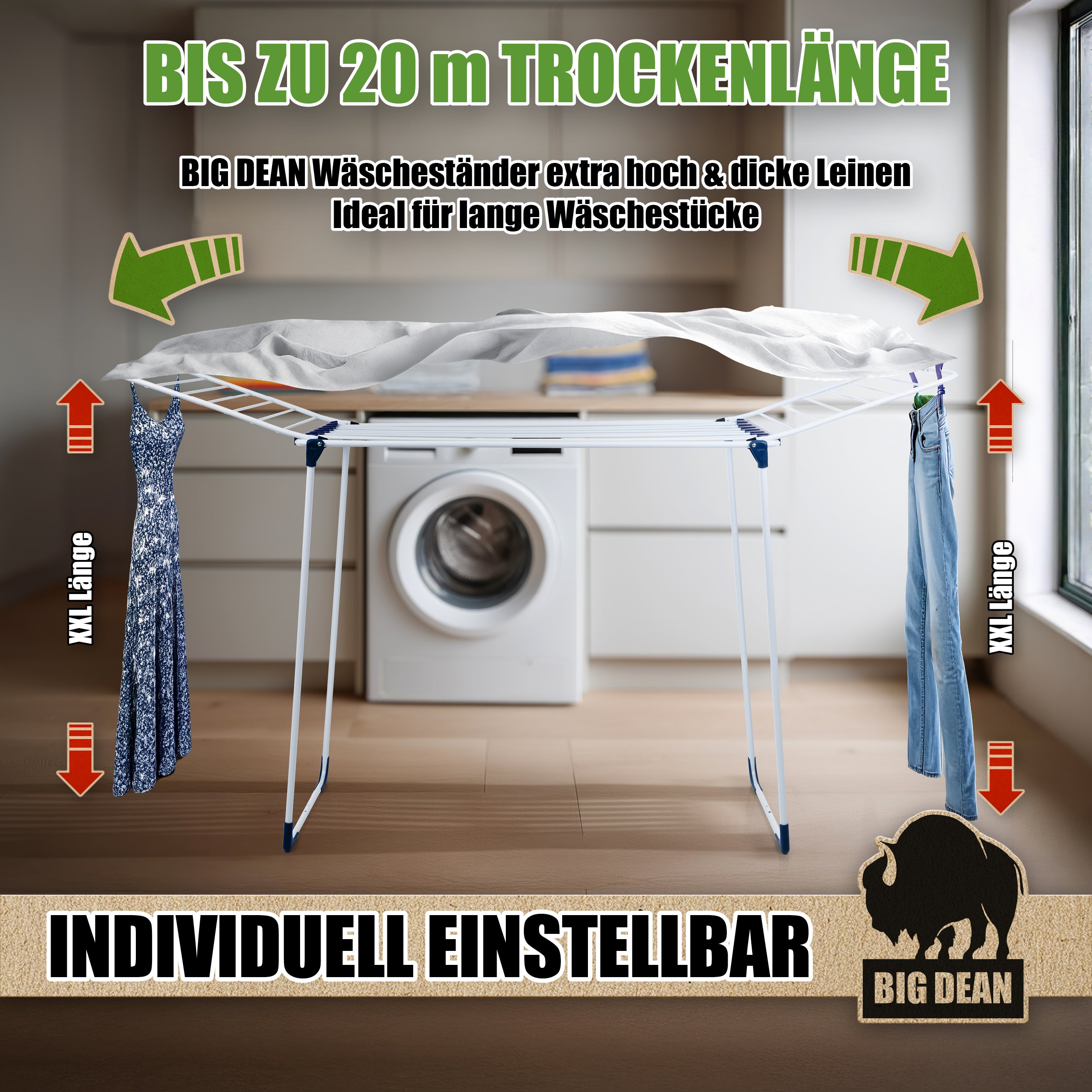 BigDean Wäscheständer 20m extra hoch dicke Leinen schwarz