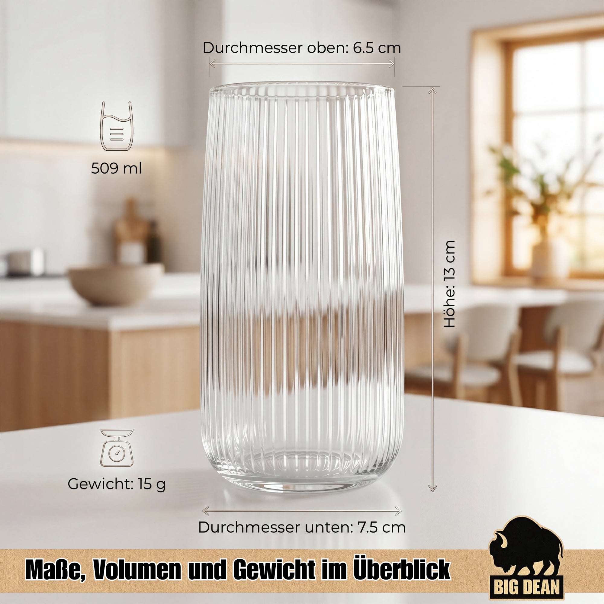 BigDean Trinkgläser Geriffelt 509ml Wassergläser 6er Set