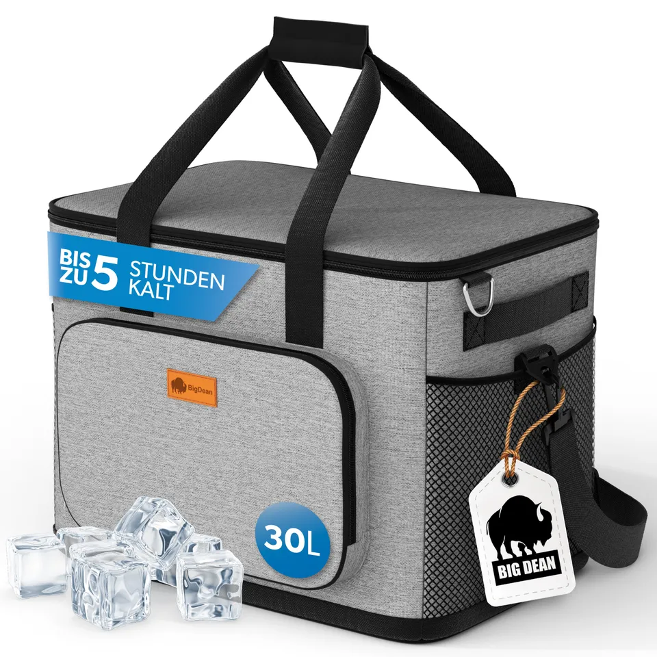 BigDean Kühltasche 30L groß grau Isoliertasche 5h