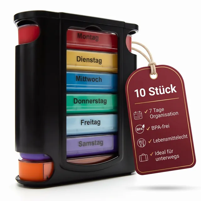 BigDean Haushalt Tablettenbox 7 Tage schwarz 10er Pack 4-Fächer