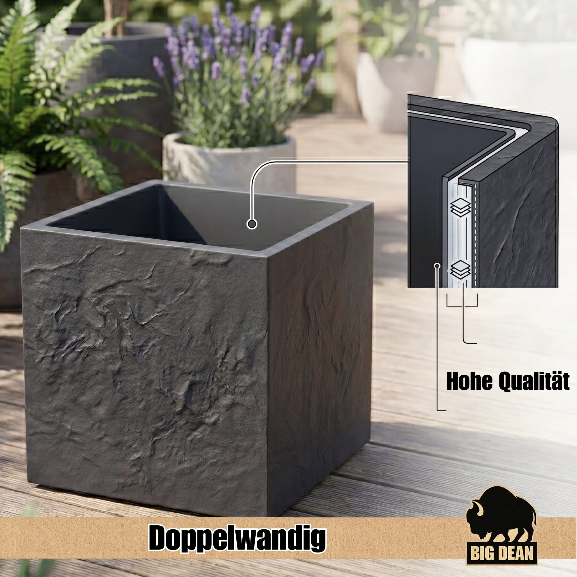 BigDean Garten Blumenkübel 50x50x50cm Steinoptik doppelwandig