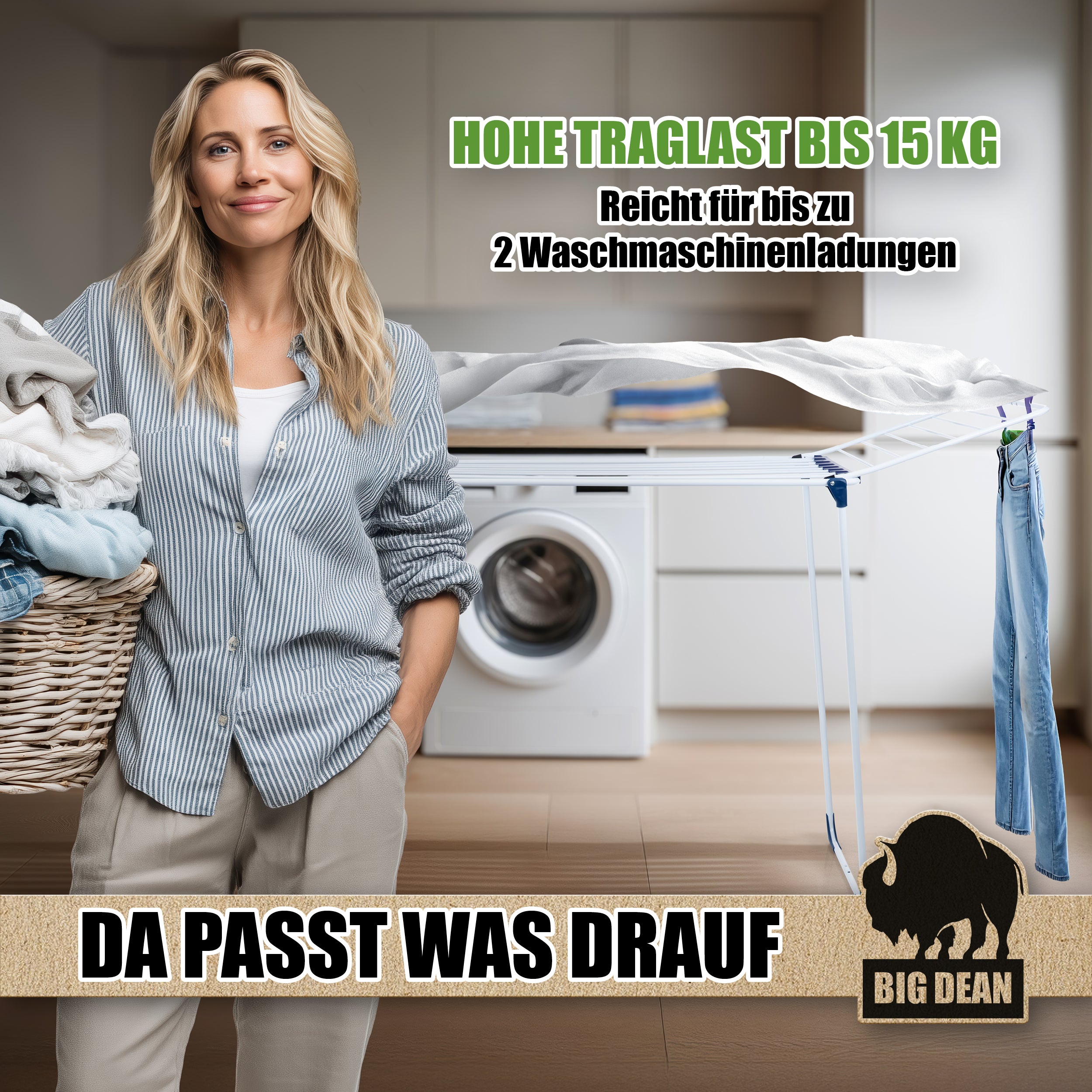 BigDean Wäscheständer 20m extra hoch dicke Leinen schwarz