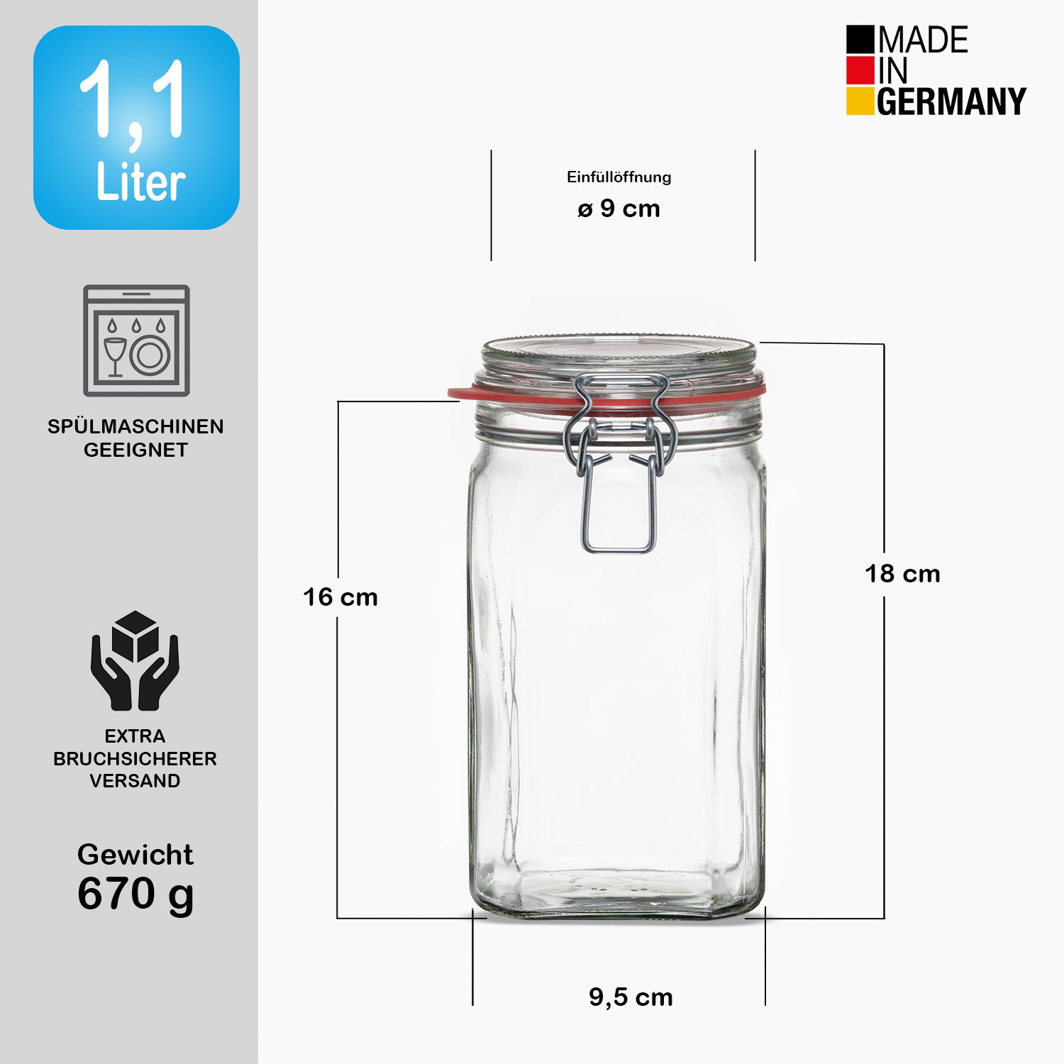 BigDean Vorratsgläser 1,1L eckig Bügelverschluss 6er Set Glas