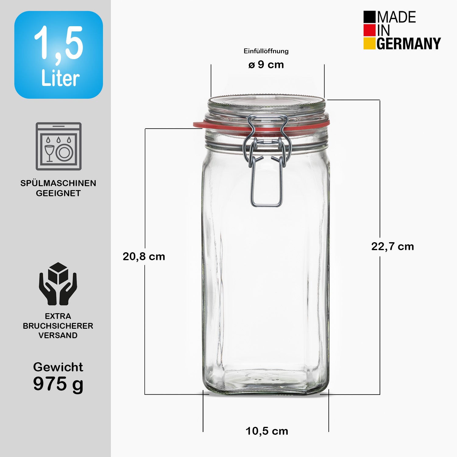 BigDean Vorratsgläser 1,5L 12er Set eckig Bügelverschluss