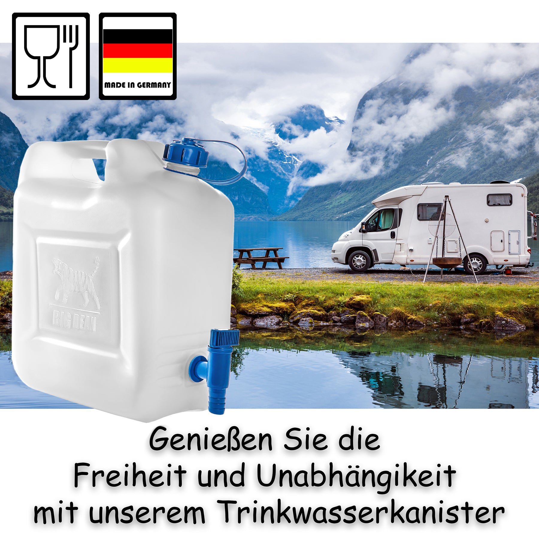 BigDean Wasserkanister 12L mit Hahn 4x lebensmittelecht HD-PE