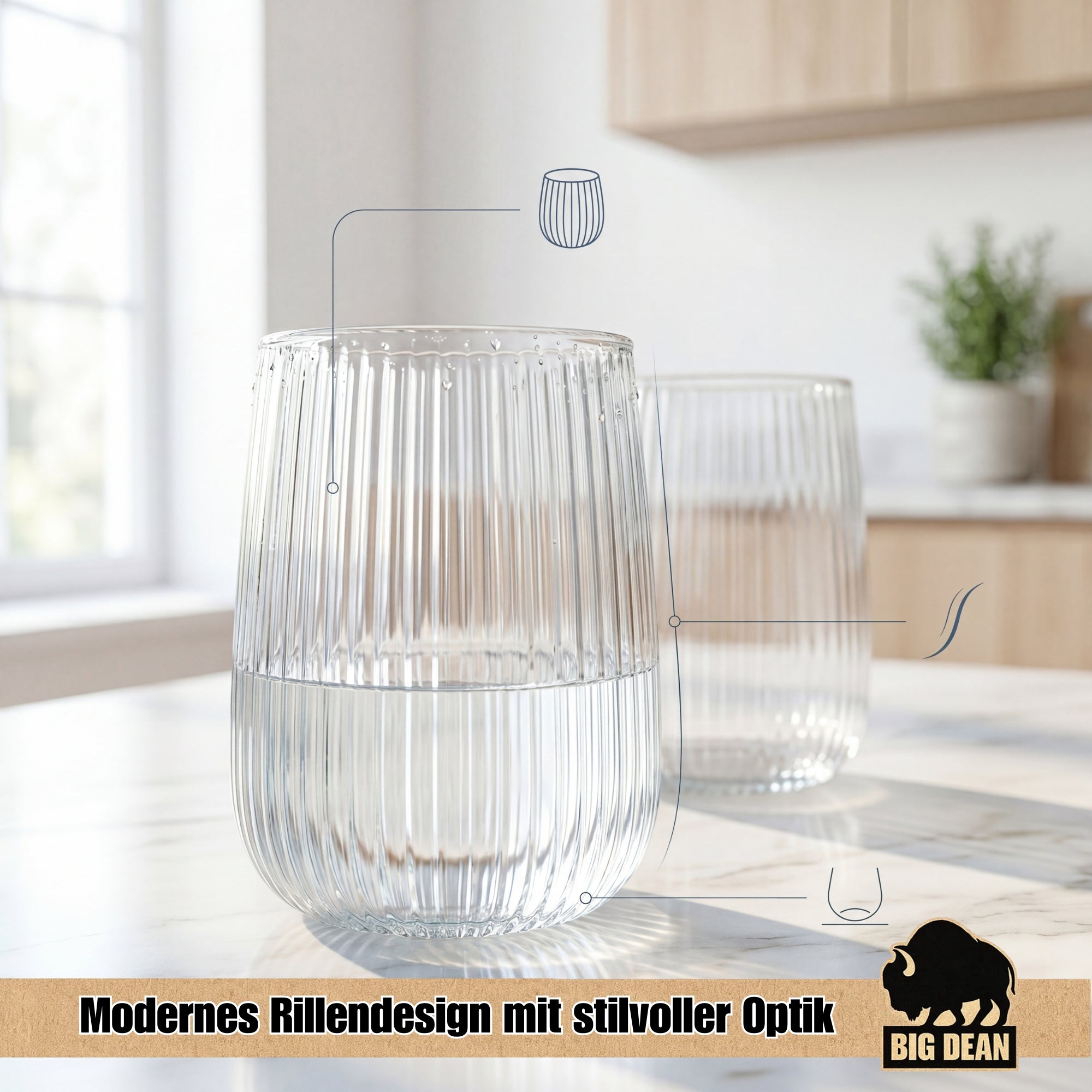 BigDean Küche Trinkgläser Geriffelt 320ml 6er Set spülmaschinenfest