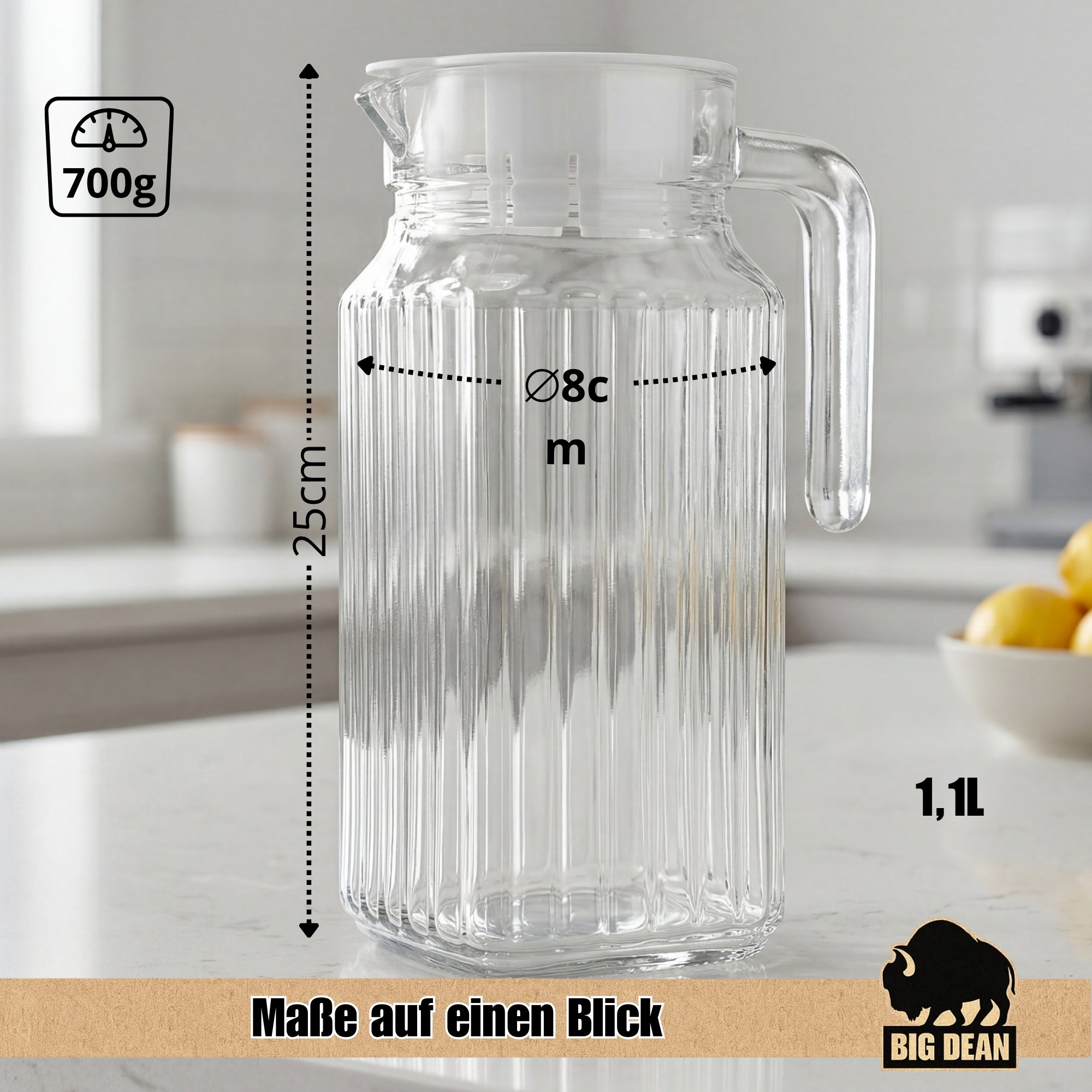 BigDean Küche & Vorrat Kühlschrankkrug Glas 1,1 L 2 Stück