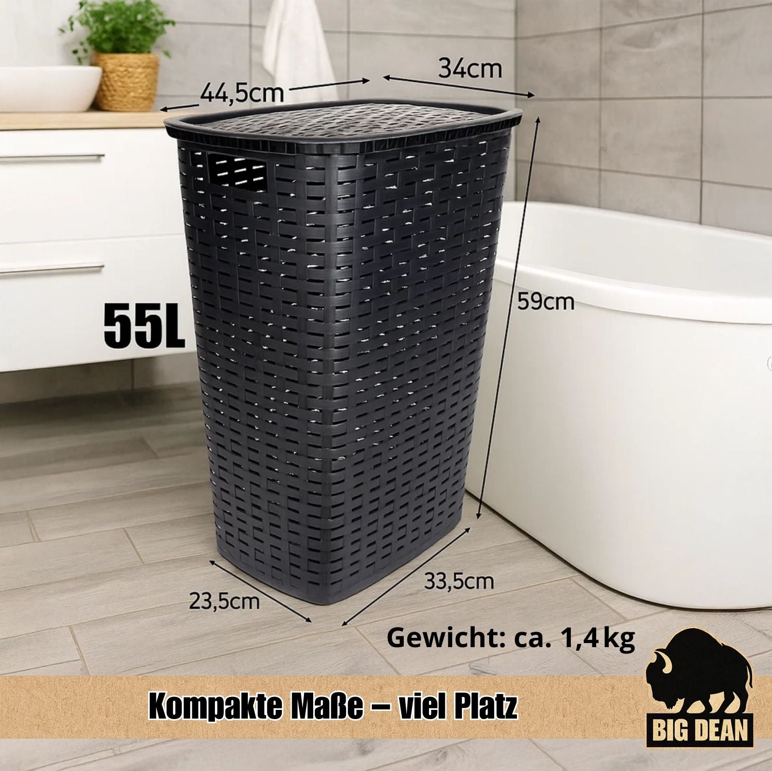 BigDean Haushalt Wäschekorb Deckel XL Rattanoptik Grau