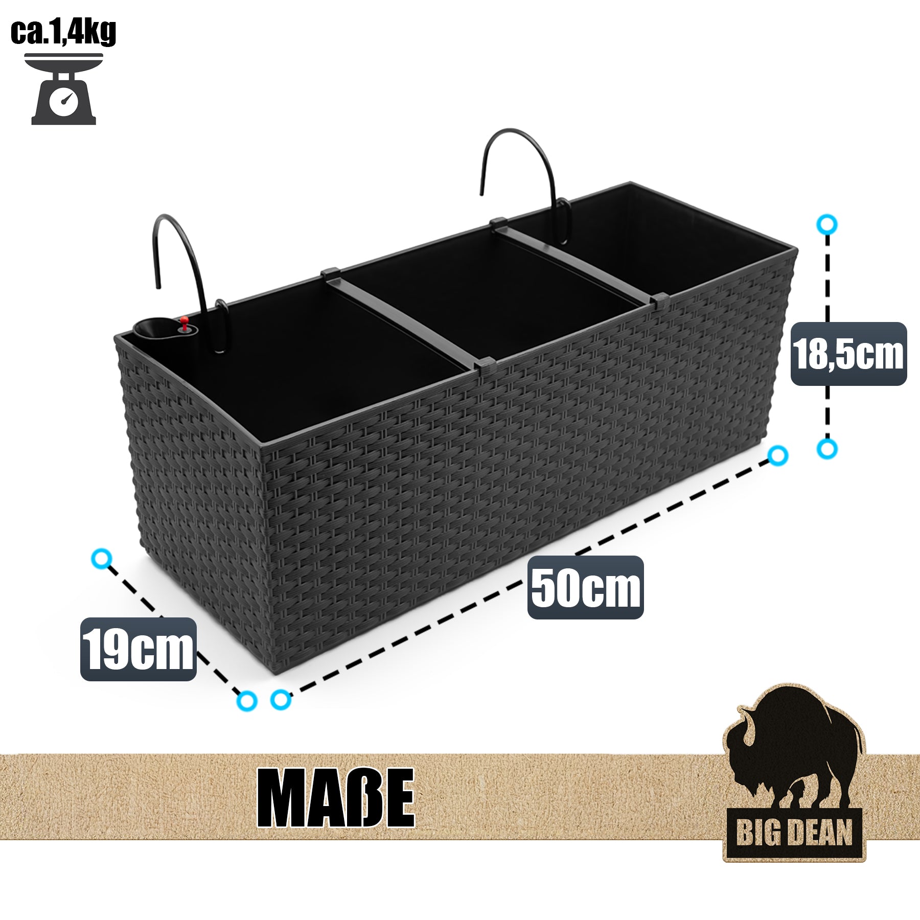 BigDean Garten Blumenkasten 50cm Wasserspeicher 2er Set Rattan