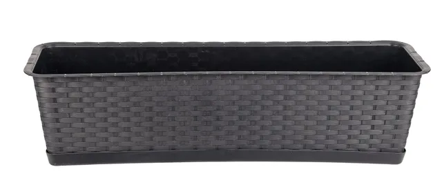 BigDean Blumenkasten 60 cm anthrazit Rattan-Optik mit Untersetzer