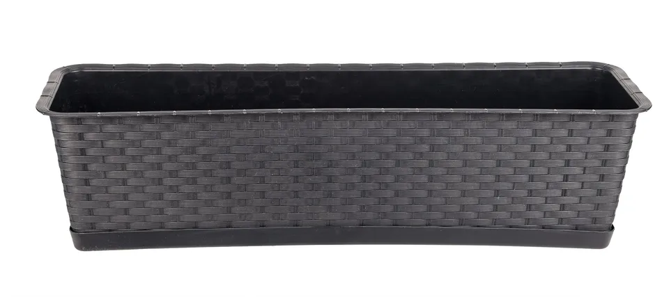 BigDean Blumenkasten 60 cm anthrazit Rattan-Optik mit Untersetzer