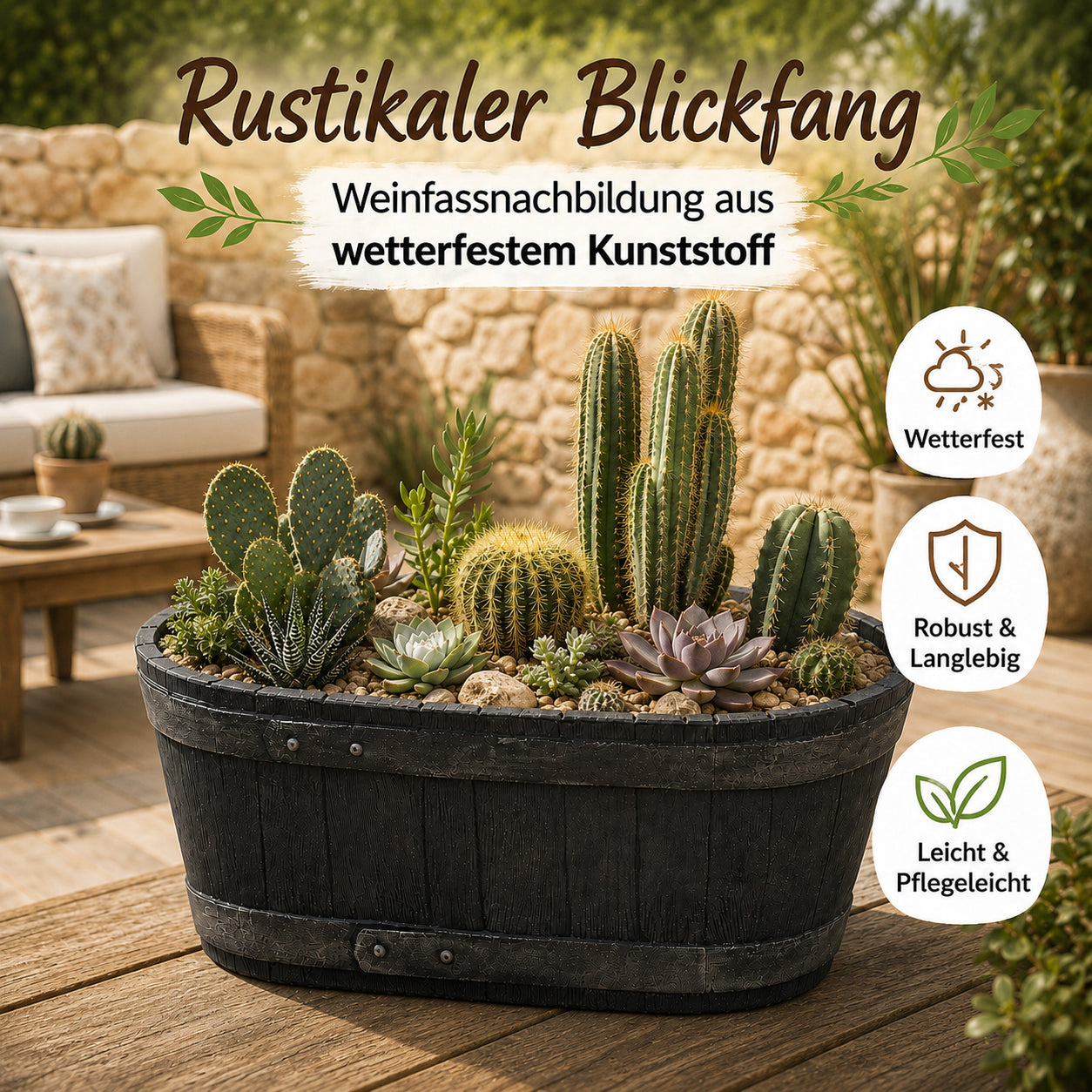 BigDean Weinfass Eichenfass oval Kunststoff 58cm Holzoptik