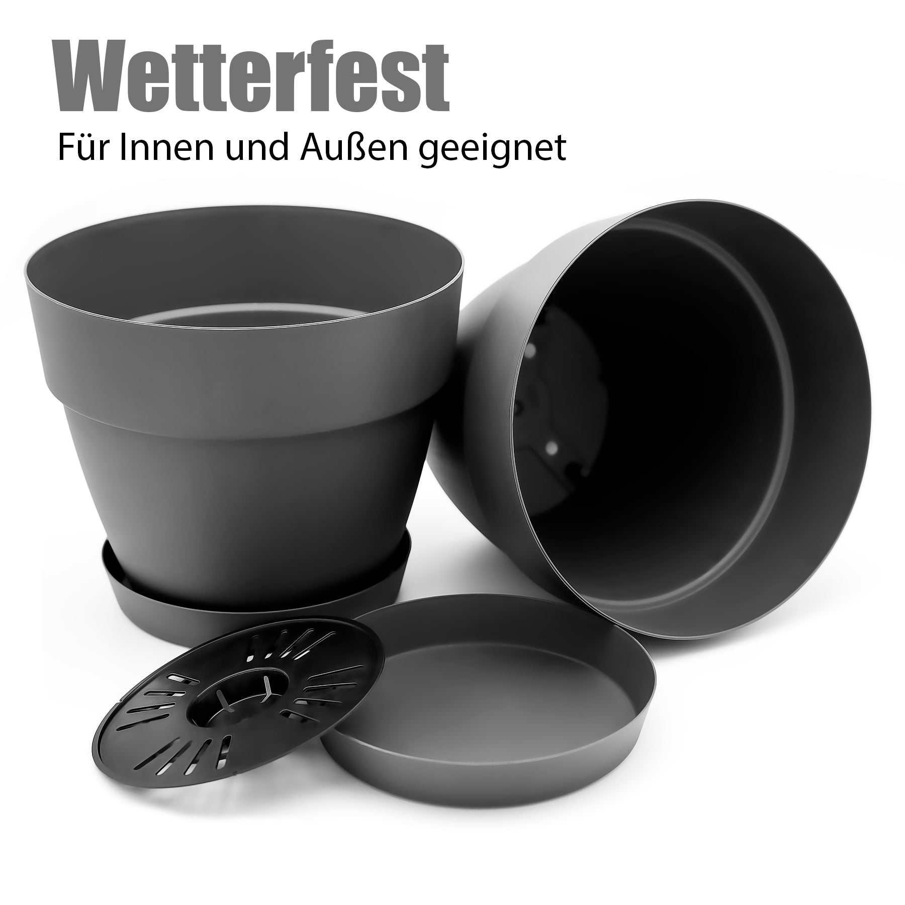 BigDean Blumentopf Ø35 cm anthrazit 3er Set mit Untersetzer