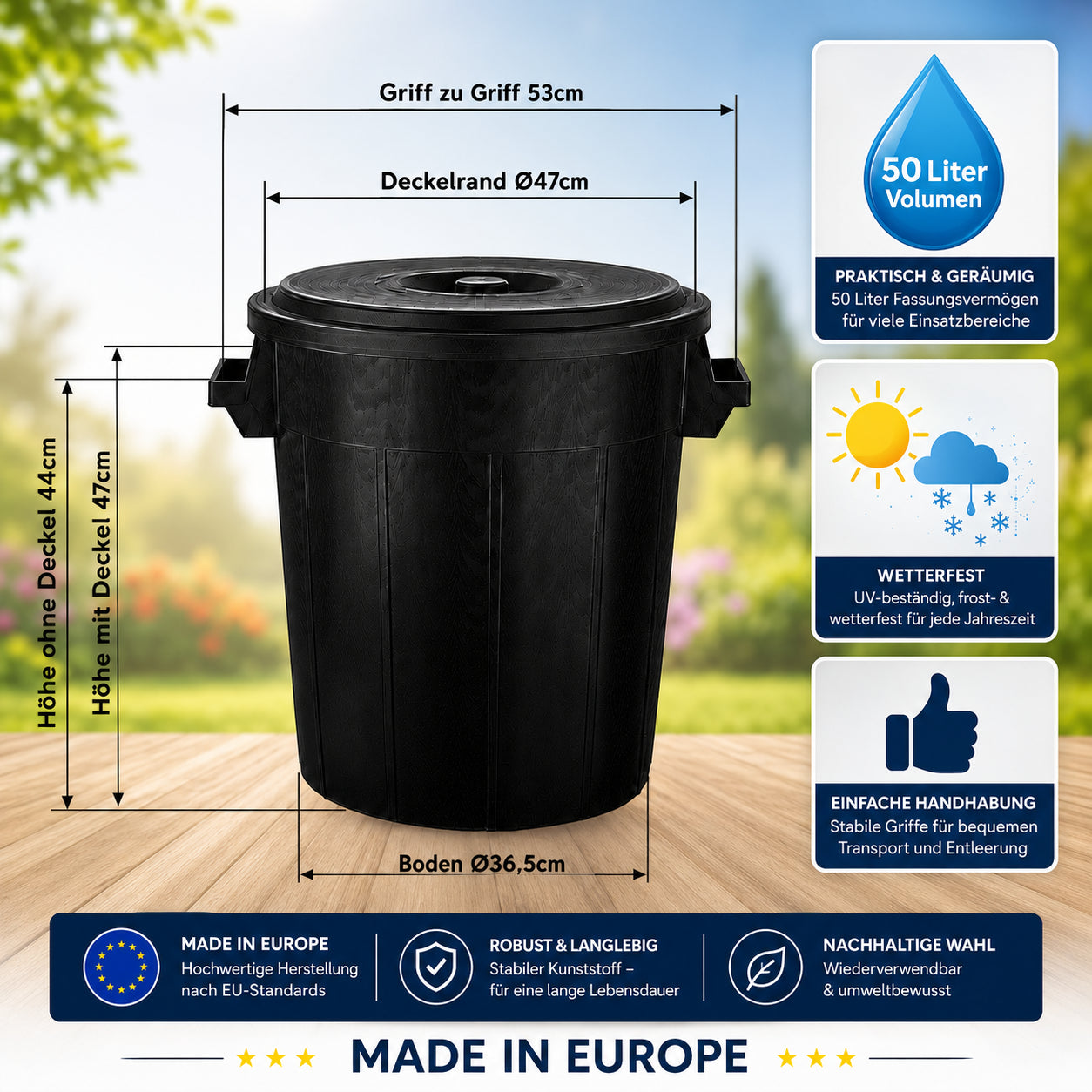 BigDean Haushalt Universaltonne 50 Liter Schwarz mit Deckel