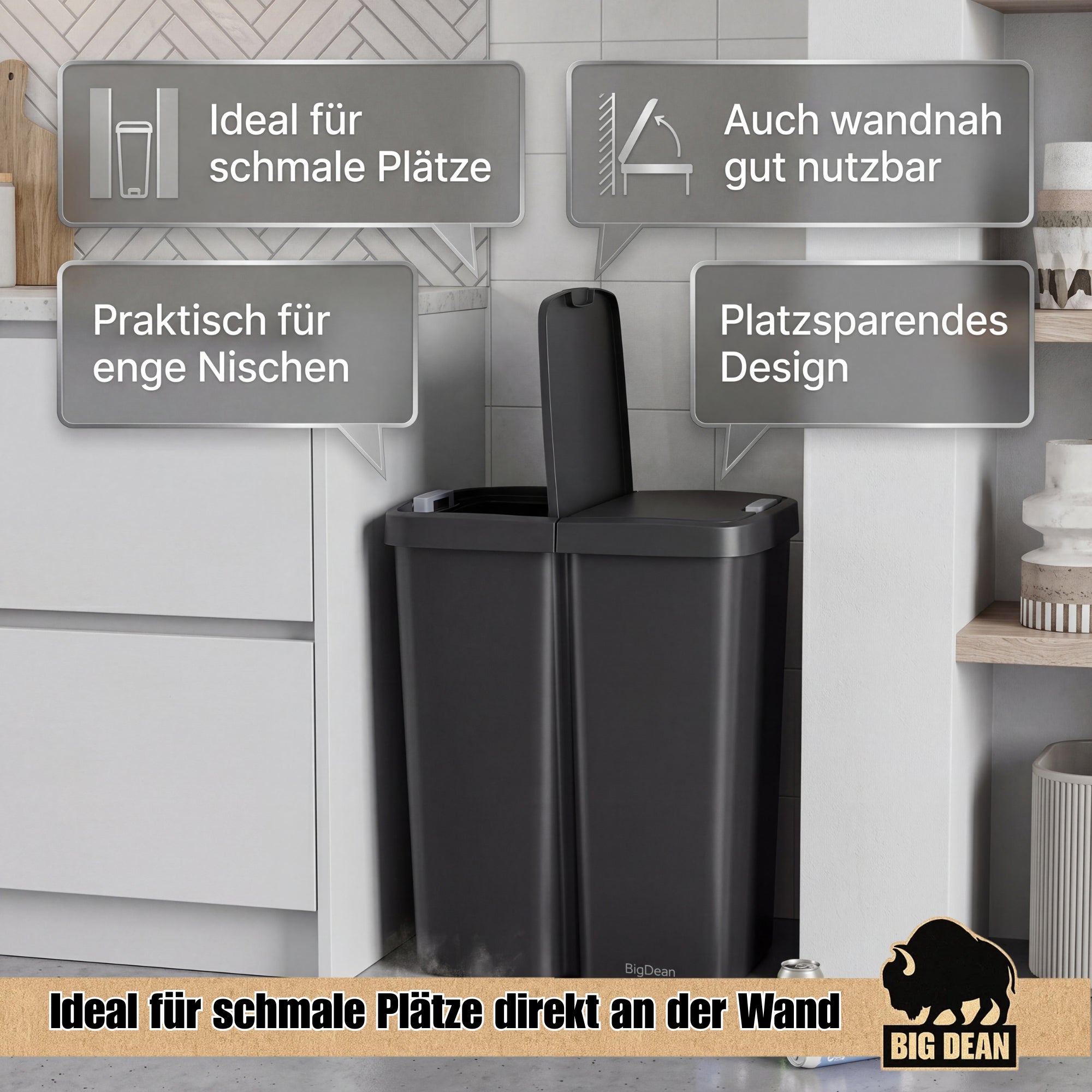 BigDean Duo Bin Mülleimer 2x25L Anthrazit Mülltrennung