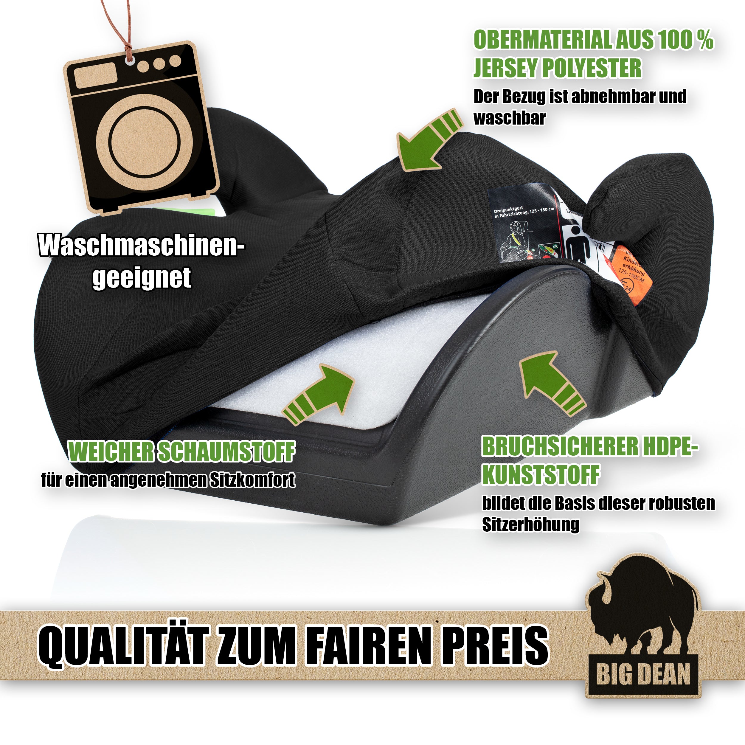 BigDean Sitzerhöhung i-Size R129 Schwarz 125-150 cm Auto Kinder