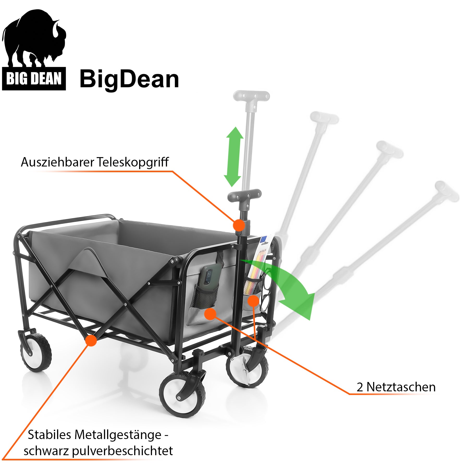BigDean Garten Bollerwagen faltbar grau 80kg kompakt