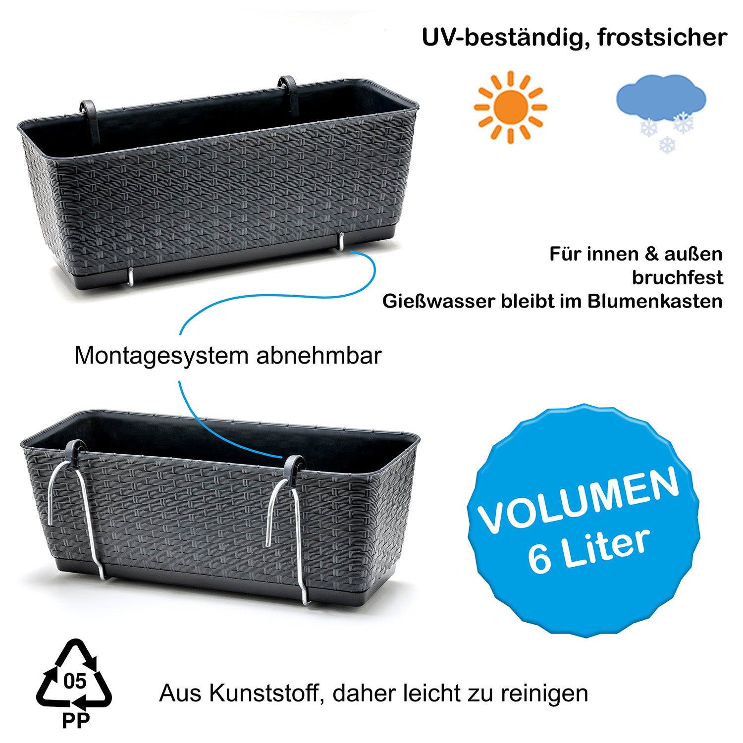 BigDean Blumenkästen 6er-Set Rattan Anthrazit 39cm