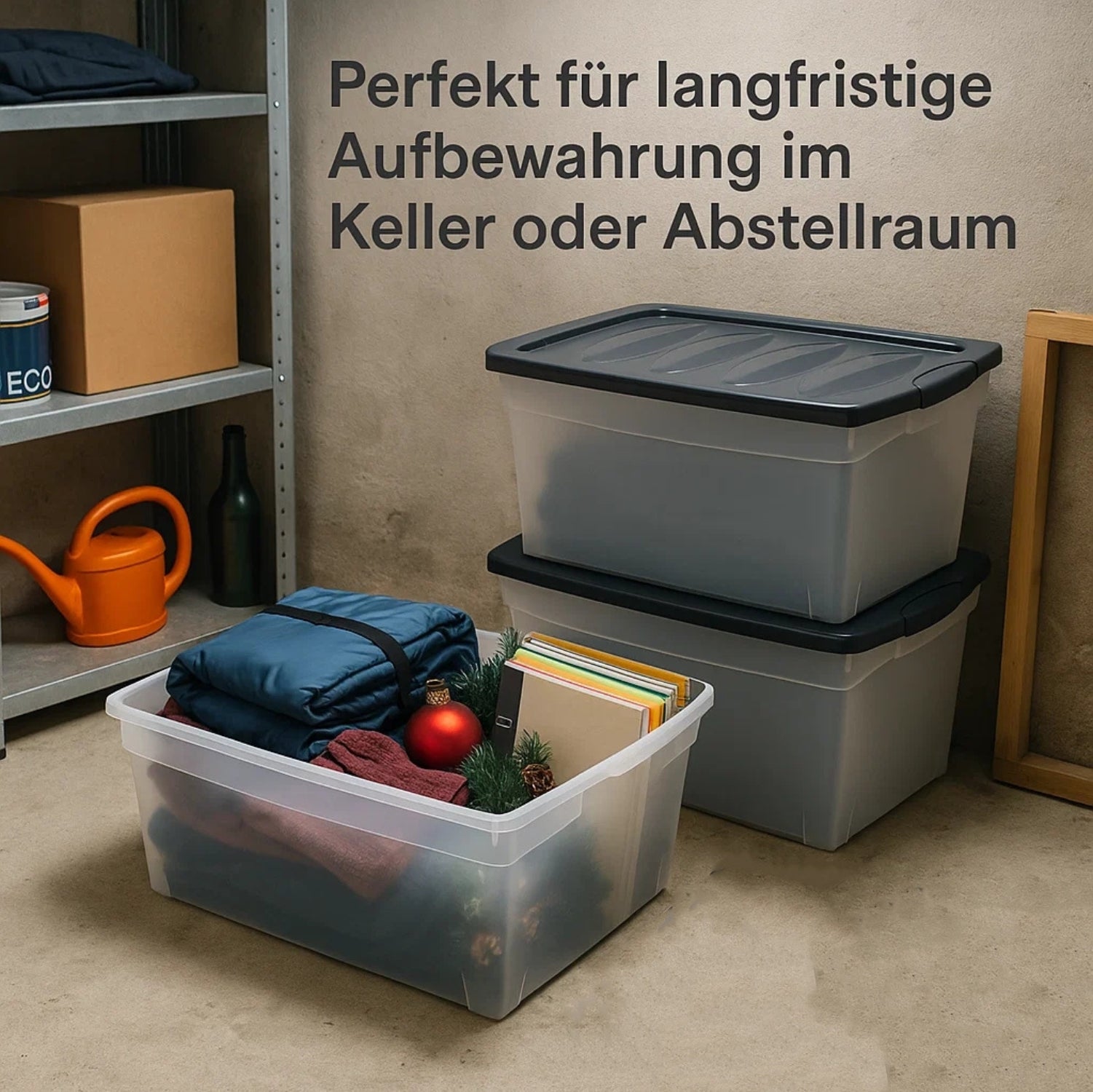 BigDean Budget Line Aufbewahrungsbox 4x 60 L mit Deckel transparent