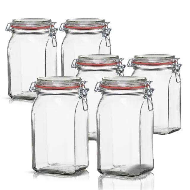 BigDean Vorratsgläser 1,1L eckig Bügelverschluss 6er Set Glas