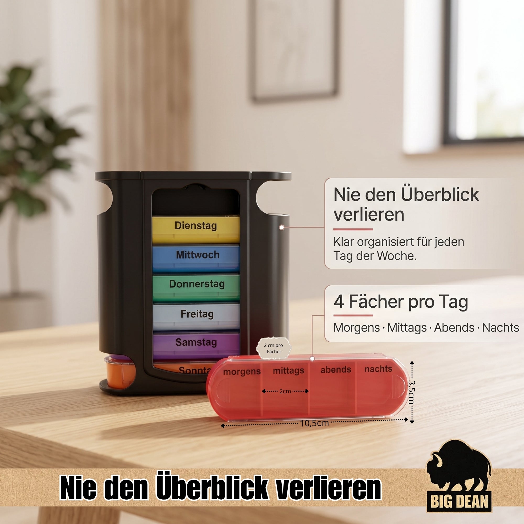 BigDean Haushalt Tablettenbox 7 Tage schwarz 10er Pack 4-Fächer