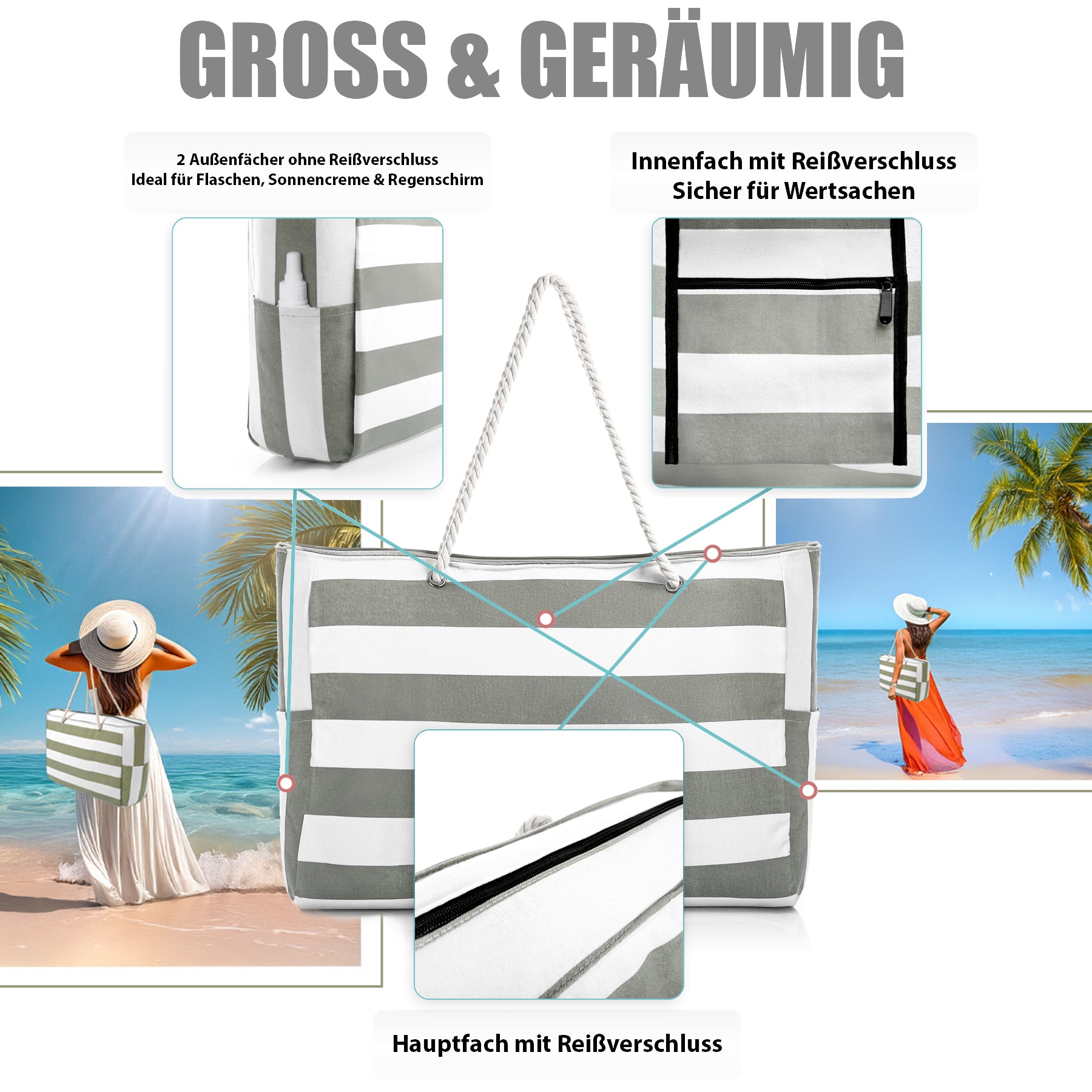 BigDean Strandtasche XXL grau-weiß mit Reißverschluss
