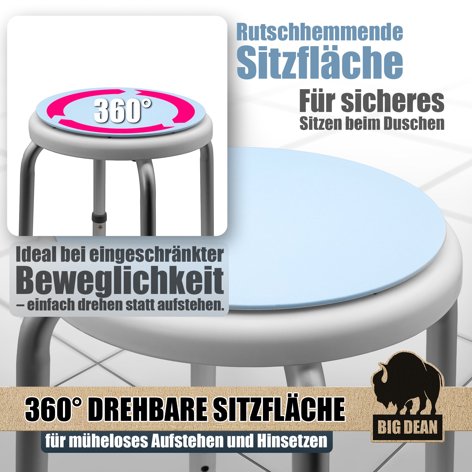 BigDean Bad Duschhocker 360° drehbar höhenverstellbar bis 136kg