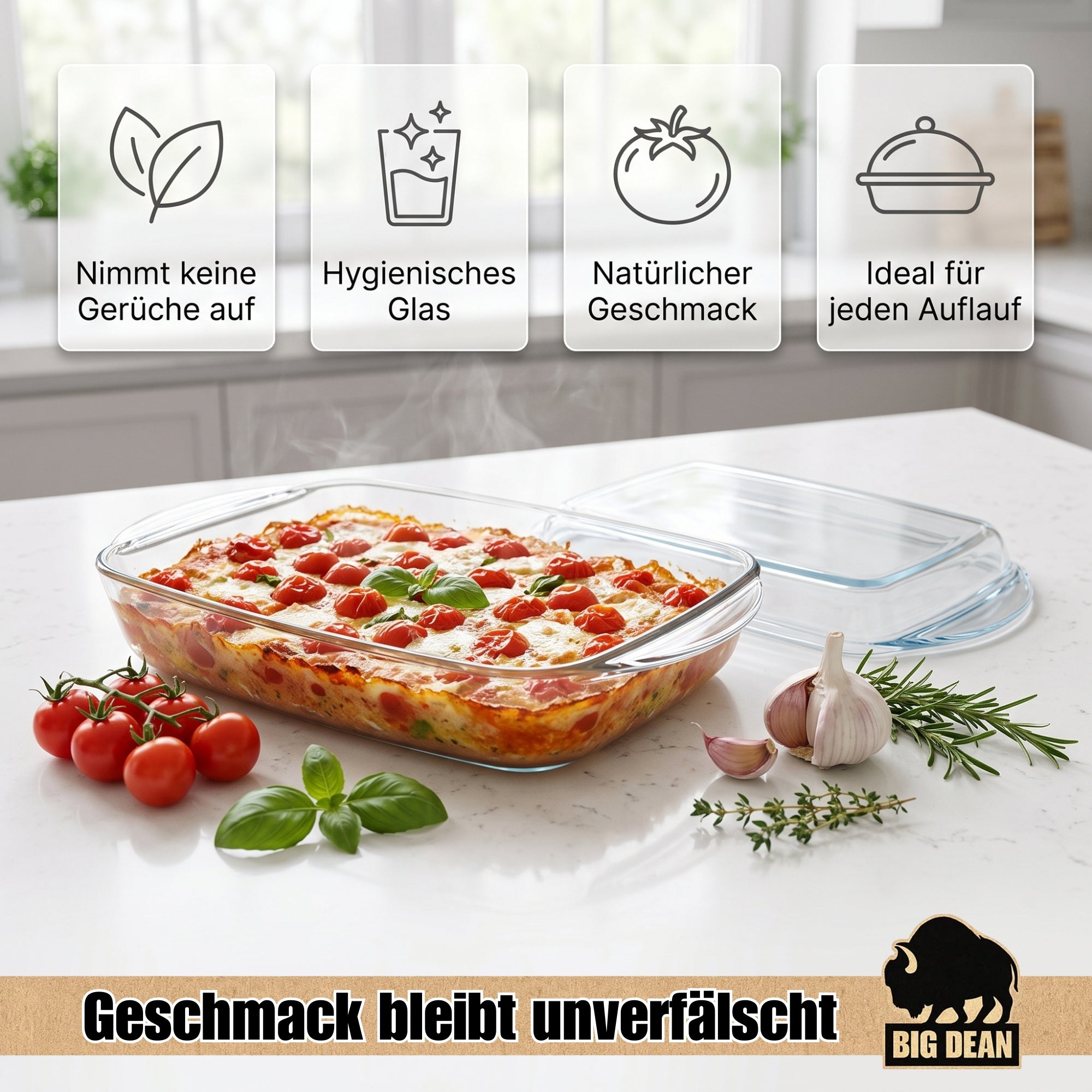 BigDean Auflaufform mit Deckel 5,8L Glasbräter rechteckig