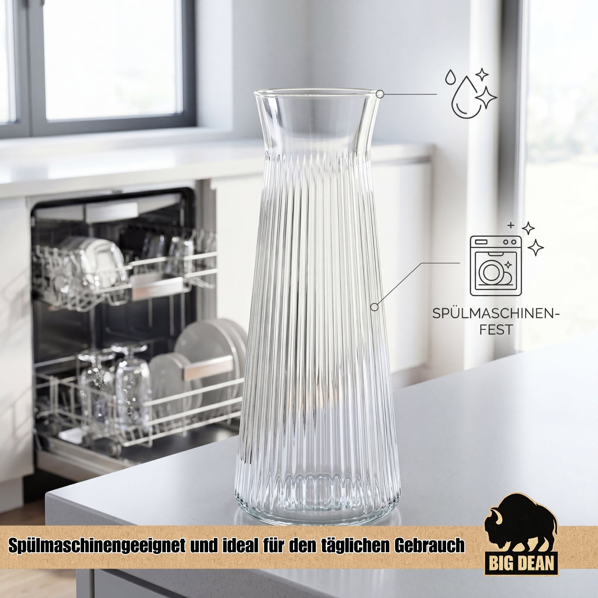 BigDean Küche Wasserkaraffe Glas 1L geriffelt 2er Set
