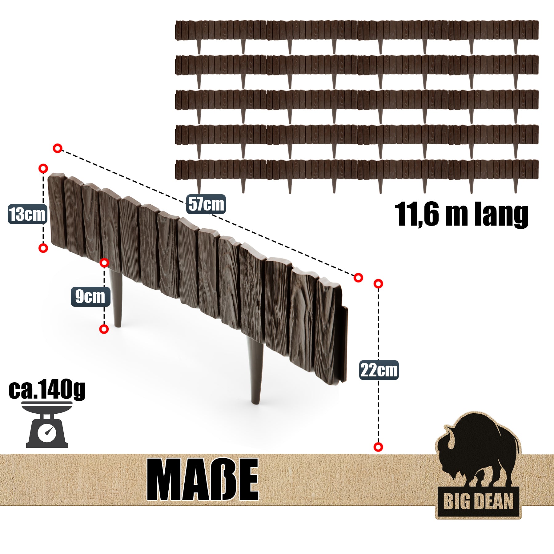 BigDean Garten Rasenkante Kunststoff Braun 11,6 m 13 cm