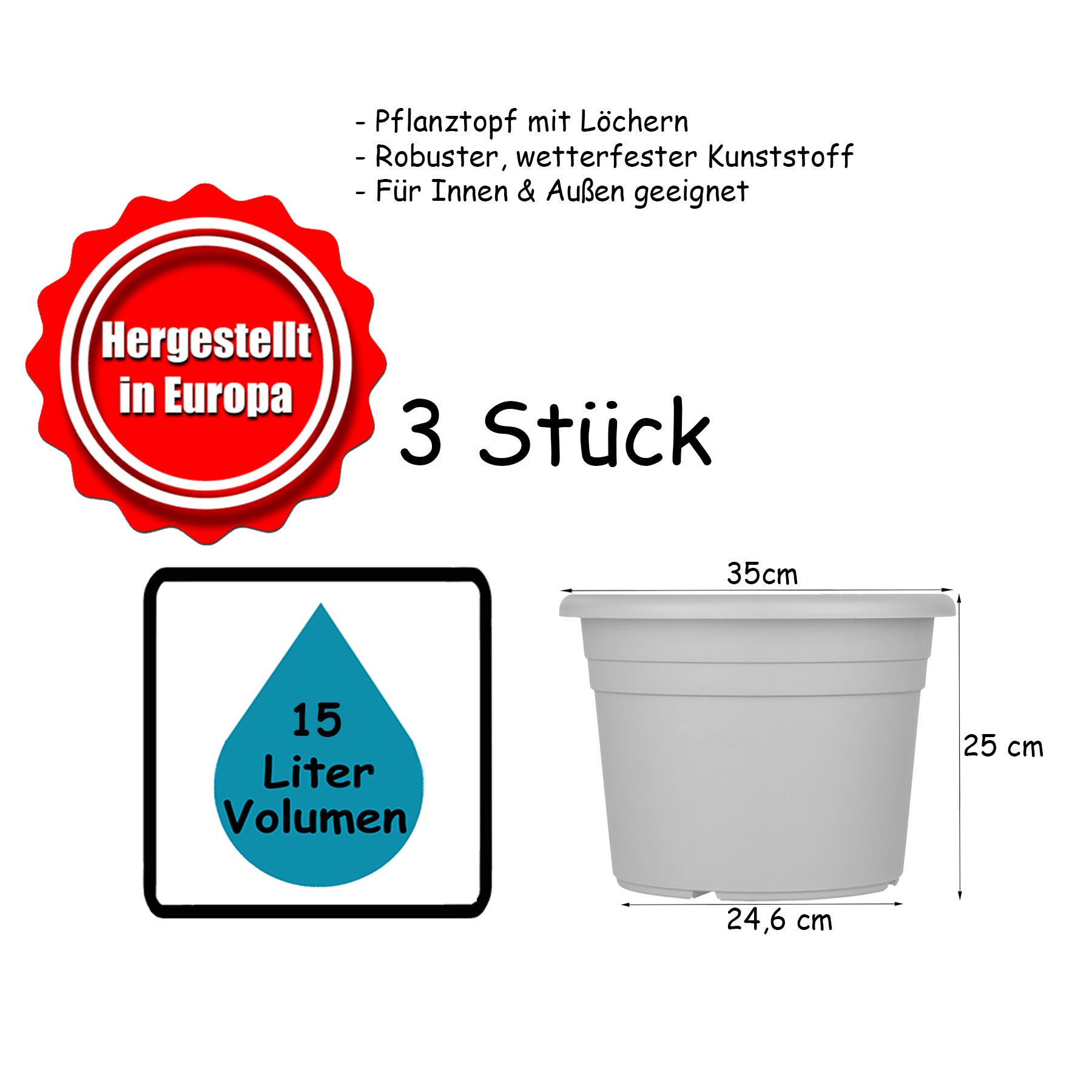 BigDean Garten Blumentopf 35 cm Anthrazit 3er Set Kunststoff