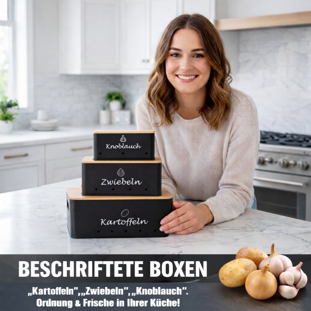 BigDean Kartoffelbox 3er Set Metall mit Bambusdeckel