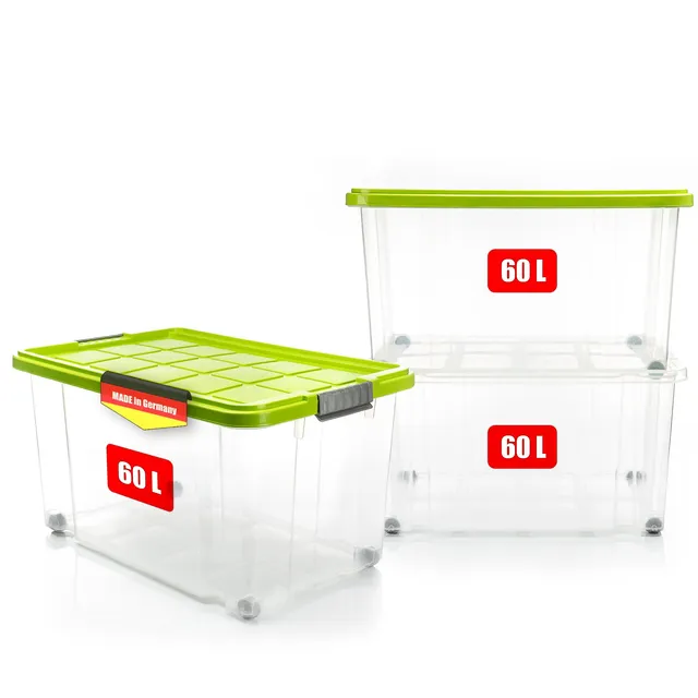 BigDean 3x Aufbewahrungsbox 60L Stapelbox Deckel limegrün